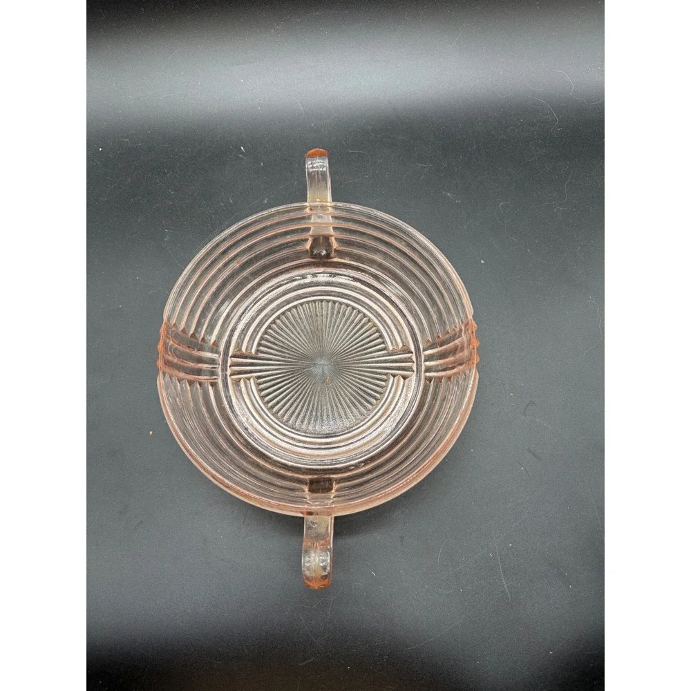Vintage Pink Depression Glass Ribbed Candy Dish Art Deco Two Handle Nut Bowl‎
